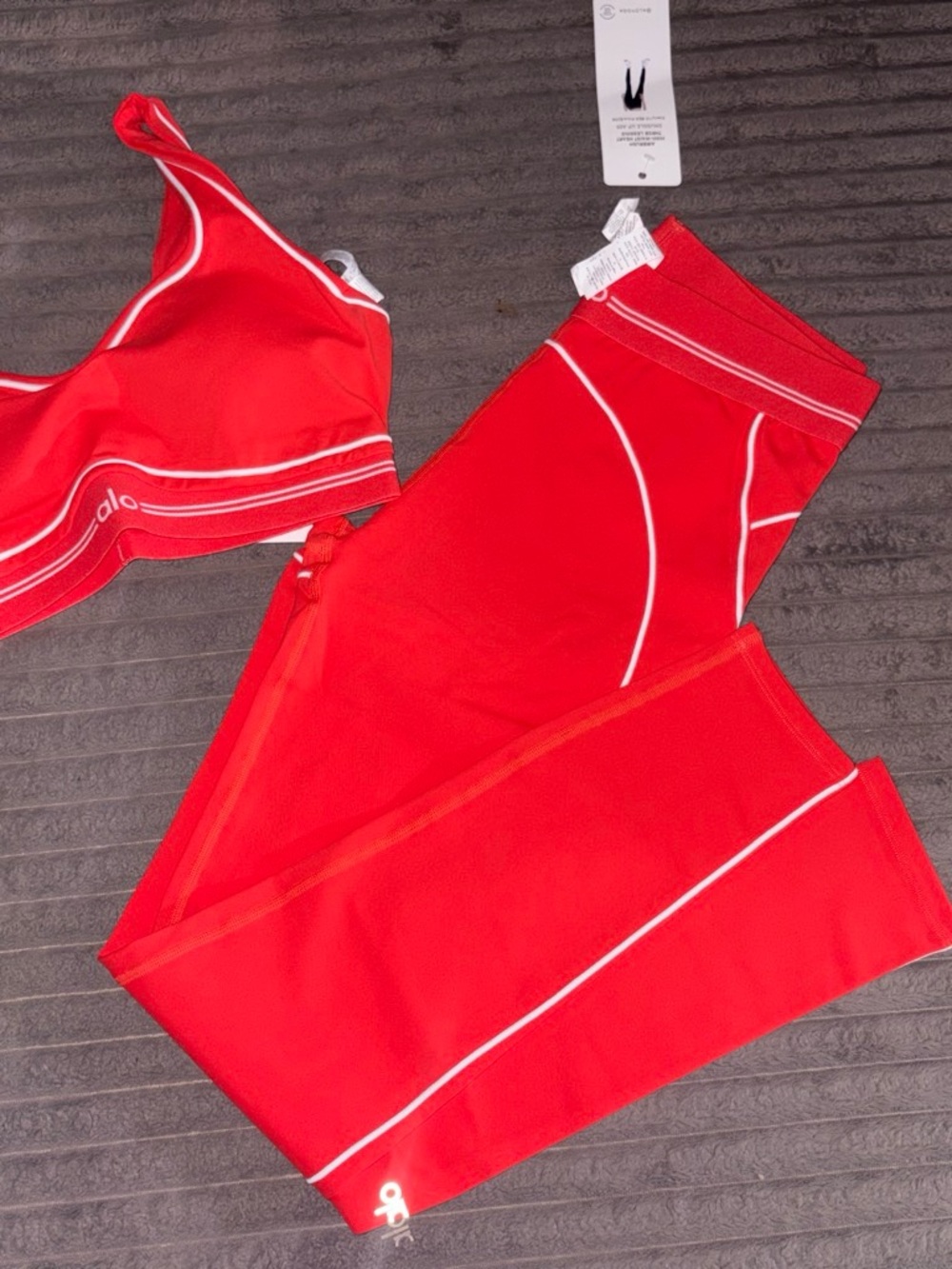 ALO Yoga Red Sports Bra and Legging Set with White Trim